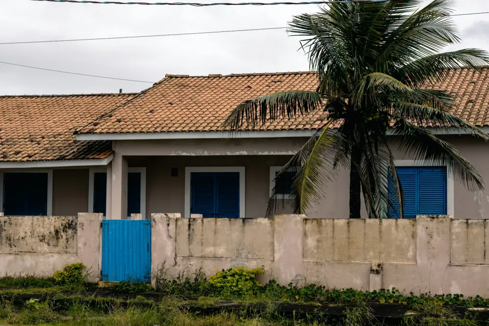 Casa de un piso con techo de teja y una palma